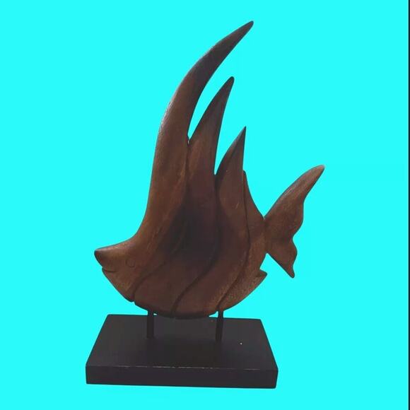 Carved Wooden Fish 13 Inches Mounted On Black Wooden Base - Picture 4 of 11